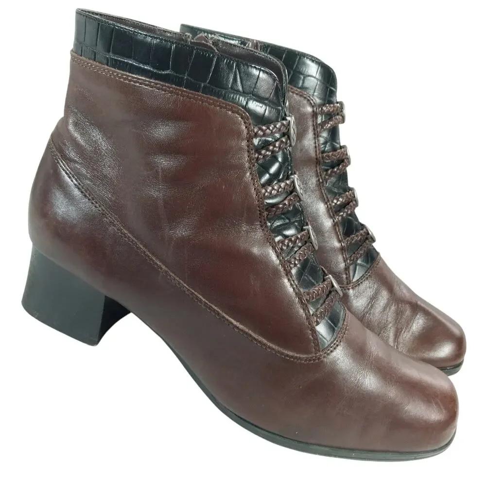 LONDON FOG! ESPRESSO BROWN GENUINE LEATHER, BLACK CROCO TRIM ANKLE BOOTS! 8.5W
